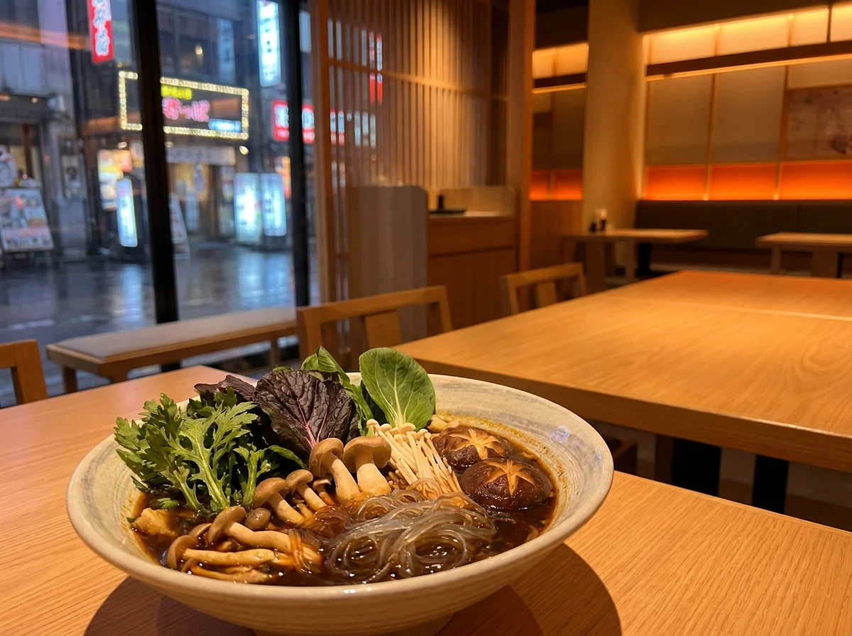 深い色のスープに旬の葉野菜、きのこ、春雨を彩りよく盛り付けた麻辣湯を真上から撮影した写真